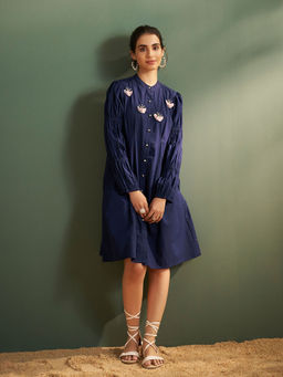 KAFTANIZE - Mandarin Neck Butterfly Motif In Adda Work and Long Elasticated Sleeves Mini Dress