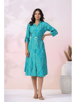 KAFTANIZE - Turquoise Blue Color Notch Collar Knee Length Dress with Belt (Set of 2)