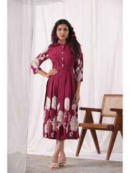 KAFTANIZE - Magenta Bold Floral Printed Long Sleeve Hem Fake Shell Midi Dress (Set of 2)