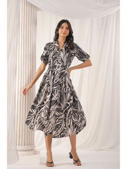 KAFTANIZE - Black and Cream Busy Abstract Leaf Print Midi Dress with Belt (Set of 2)