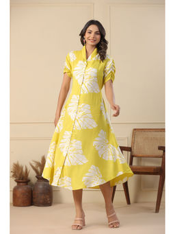 KAFTANIZE - Yellow Base Cream Color Bold Abstract Printed Lapel Collar Midi Dress