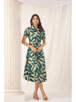 KAFTANIZE - Bottle Green and Cream Abstract Printed Lapel Collar Tie Front Midi Dress