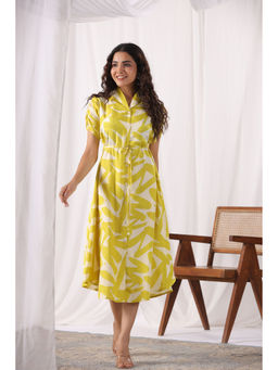 KAFTANIZE - Yellow and Cream Abstract Print Lapel Collar Elasticated Half Sleeve Midi Dress