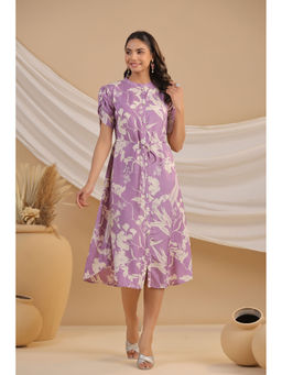 KAFTANIZE - Lavender Color All Over Floral Printed Mandarin Neck Half Sleeve Midi Dress