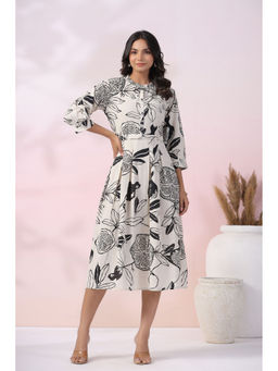 KAFTANIZE - Cream Base Black Bold Fruit Printed Sequence Work Embroidered Midi Dress (Set of 2)