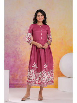 KAFTANIZE - Mauve Color Mandarin Neck Printed 3/4Th Sleeve and Hem Midi Dress (Set of 2)