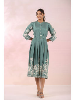 KAFTANIZE - Sage Green Russian Silk Floral Printed Midi Dress (Set of 2)