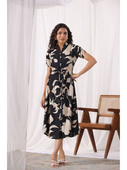 KAFTANIZE - Black Russian Silk Abstract Floral Printed Midi Dress