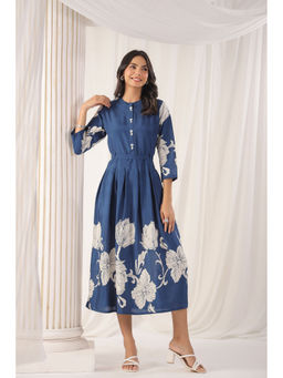 KAFTANIZE - Teal Blue Russian Silk Bold Floral Printed Midi Dress (Set of 2)