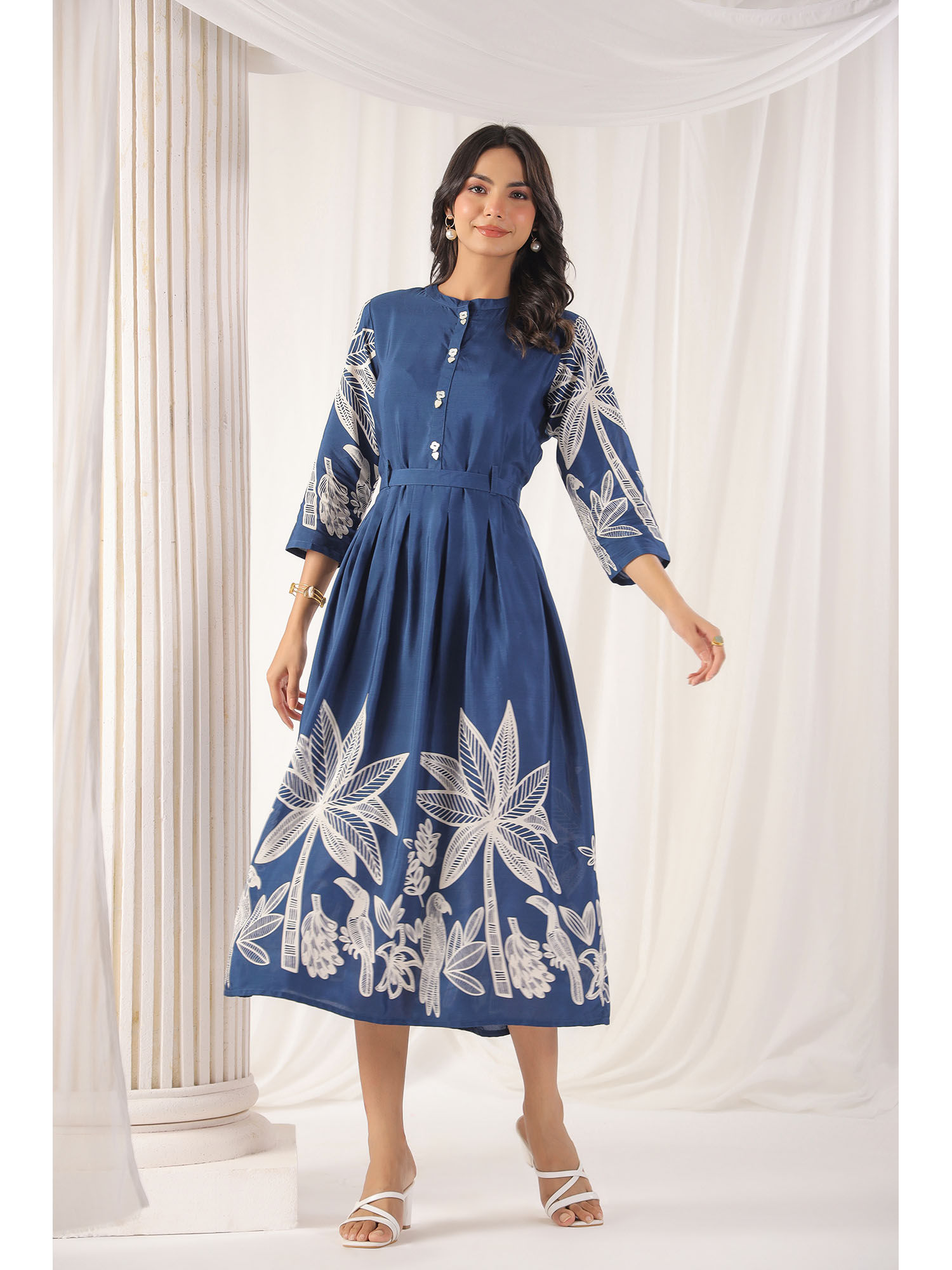 Teal Blue Russian Silk Bold Floral Printed Midi Dress (Set of 2)-image-47