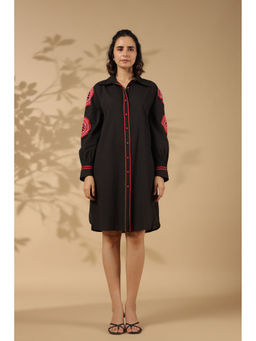 KAFTANIZE - Black Cotton Flex Embroidered Knee Length Shirt Dress