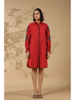 KAFTANIZE - Red Cotton Flex Embroidered Knee Length Shirt Dress
