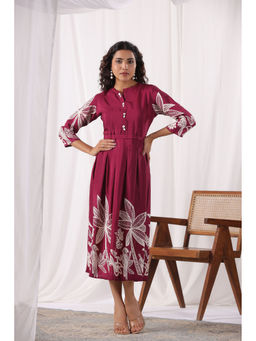 KAFTANIZE - Maroon Base with Cream Color Bold Flower Motif Midi Dress (Set of 2)