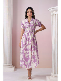 KAFTANIZE - Purple Base with Cream Color Bold Flower Motif Midi Dress (Set of 2)