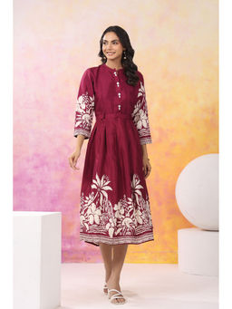 KAFTANIZE - Maroon Base with Cream Color Bold Flower Motif Midi Dress (Set of 2)