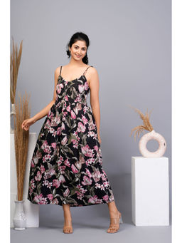 KAFTANIZE - Black Base with Pink Floral Printed Cotton Maxi Dress