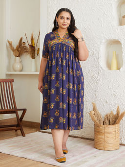 Rustorange - Peppy Blue V Neck Gathered Midi Dress - Som