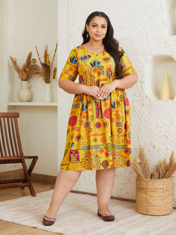 Rustorange - Yellow Abstract Print Flared Midi Dress