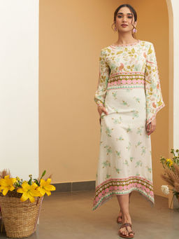 Rustorange - White Floral Flared Sleeves Maxi Dress