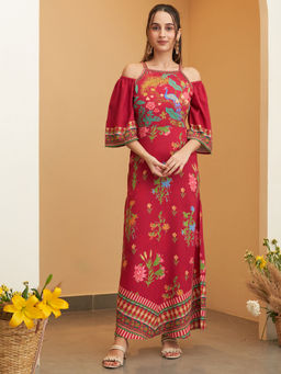 Rustorange - Hot Pink Floral Printed Cold Shoulder Square Neck Dress