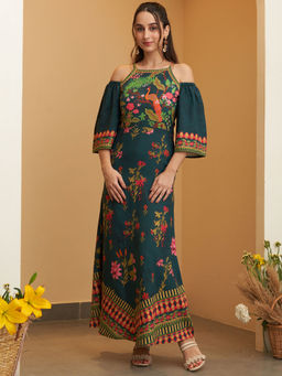 Rustorange - Turquoise Floral Printed Cold Shoulder Maxi Dress