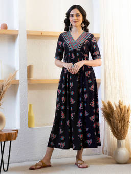Rustorange - Black Peacock Print Maxi Dress
