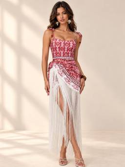 Coco Turtle - Coral Red Printed One-Piece Swimsuit with Fringe Sarong
