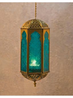 Fabindia - Teal Devesh Glass Hanging Lantern