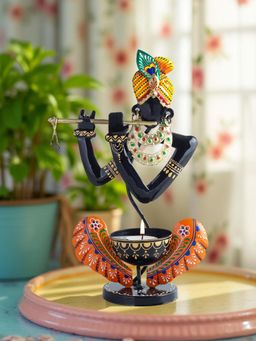 Golden Peacock - Black Krishna Shaped Candle Holder