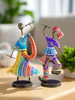 Golden Peacock - Set Of 2 MultiColour Couple Playing Dandia Garba Showpieces