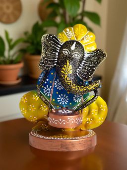 Golden Peacock - Yellow Blue Handcrafted Ganesha Showpiece