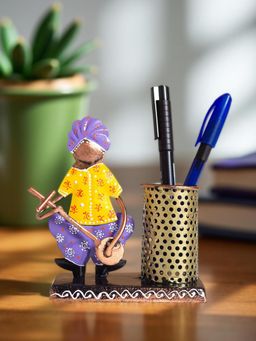 Golden Peacock - Yellow Purple Musician Handcrafted Pen Stand and Visting Card Holder