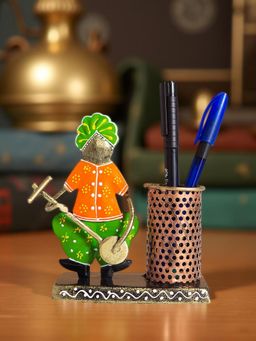 Golden Peacock - Green Orange Musician Handcrafted Pen Stand and Visting Card Holder