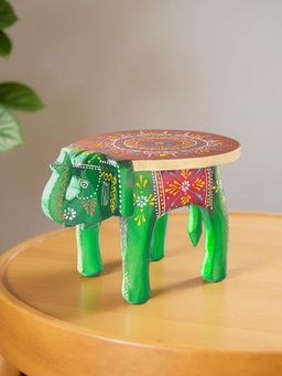 Golden Peacock - Handcrafted Green 6 Inch Elephant Stool
