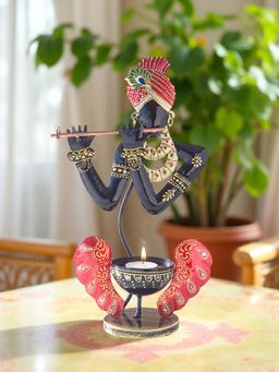 Golden Peacock - Handcrafted Krishan Candle Holder Cum Showpiece