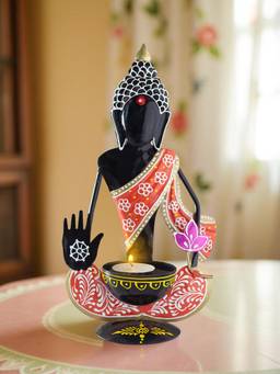 Golden Peacock - Handpainted Handcrafted Orange Black Buddha Shaped Showpiece