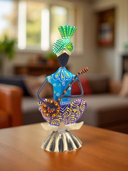 Golden Peacock - Blue and Multi-Colour Hand-Painted & Handcrafted Tribal Metal Showpiece