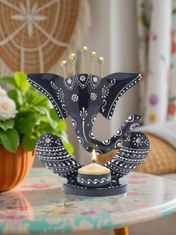 Golden Peacock - Hand painted Handcrafted Black Ganesha Shaped Showpiece Candle holder