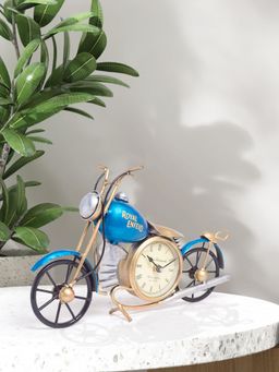 Golden Peacock - Gold & Blue Classic Vintage Royal Enfield Bike Tabletop Clock Showpiece