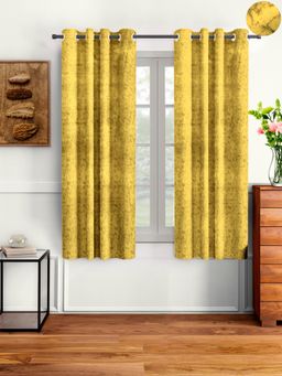 Cortina - Yellow Solid Velvet Eyelet Curtains - Pack of 2