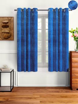 Cortina - Blue Solid Velvet Eyelet Curtains - Pack of 2