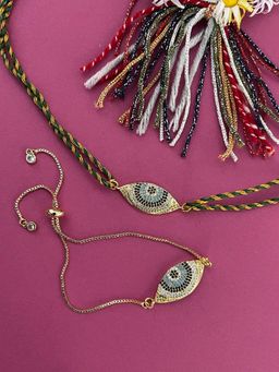 Digital Dress Room - Ad Gold Plated Evil Eye Rakhi Thread & Bracelet for Bhaiya-Bhabhi (Pack of 2)