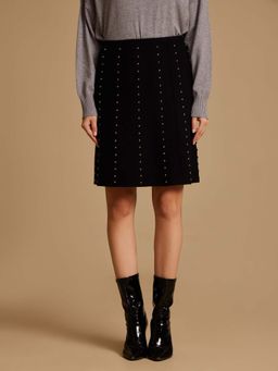 Kazo - Black Knitted Winter Knee Length Skirt with Embellishment