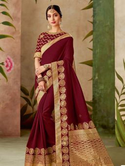Odette - Wine Silk Designer Saree with Unstitched Blouse