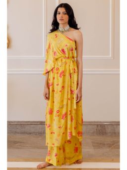 Paulmi & Harsh - Sunshine Yellow One Shoulder Draped Kurta with Palazzo (Set of 2)