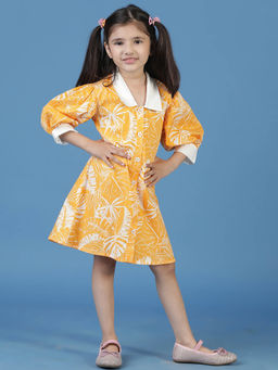 Tales & Stories - Yellow Floral Knee Length Dress for Girls