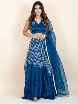 HANDME - Rich Blue Silk Hand-Embroidered Blouse And Double Skirt Lehenga with Dupatta (Set of 3)