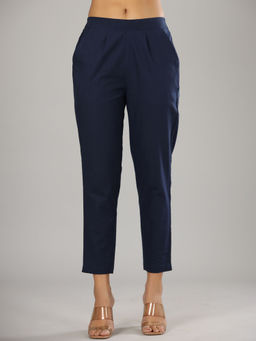 Rain & Rainbow - Women Blue Pleated Pure Cotton Cigarette Trousers
