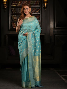 EXCLUSIVA - Blue Soft Modal Satin Silk Saree with Unstitched Blouse