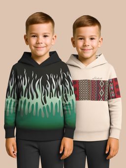 HELLCAT - Black - Beige Printed Cotton Blend Hoodie Sweatshirt For Boys (Pack of 2)